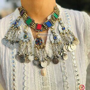 Gypsy Coins Necklace, Multicolor Bohemian Statement Necklace With Dangling